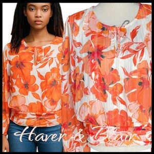 Haver & Blair London Orange/White Gold Thread Floral Scoop Neck Boho Top (XL)